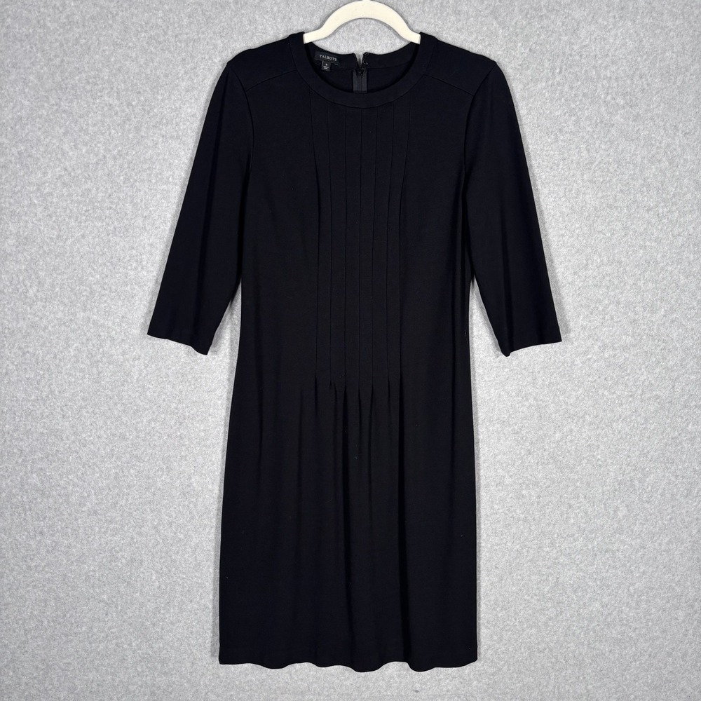 Talbots Pleated Pintuck Dress Size 8 Black Ponte Crepe Knit Knee Career Church